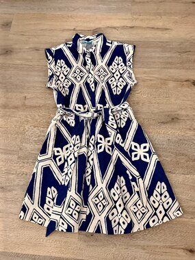 Tori Richard Fit Flare Tropical Belted Dress Blue Sz 12